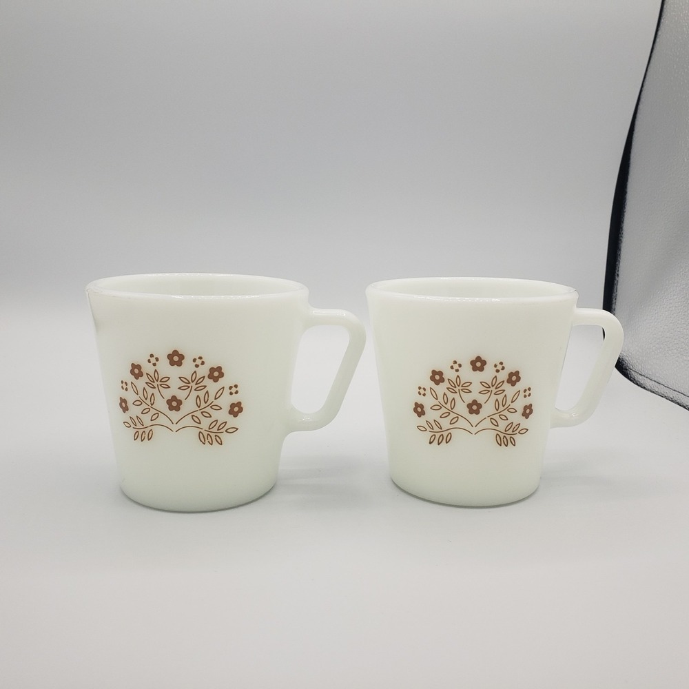 Vtg Pyrex Summer Impressions Brown Print‎ Coffee Mugs Set of 2